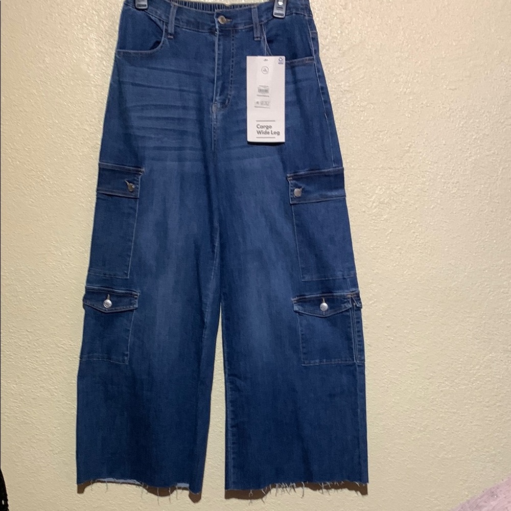 NB Wide Leg Blue Cargo Jeans M 8-10 Raw Hem Baggy Stretchy NWT 8-Pocket Cotton